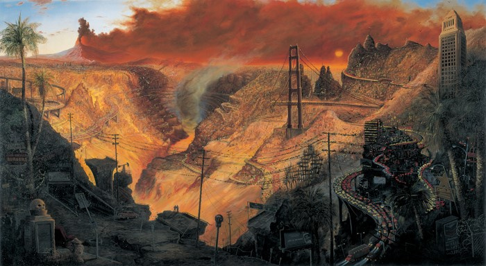 A cityscape in the middle of deep valleys and large hills. Everything is on fire. Buildings and iconic structures are ruined. There is a lot of traffic as people try to flee the city. Ash is covers everything with a thick bright red cloud of smoke on top.