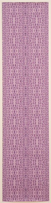 A vertical piece of purple colored material, with wavy rows of purple thread that make patterns from top to bottom of small waves. At certain parts the waves merge and create elongated oval shape patterns, similar to a snake's pattern.