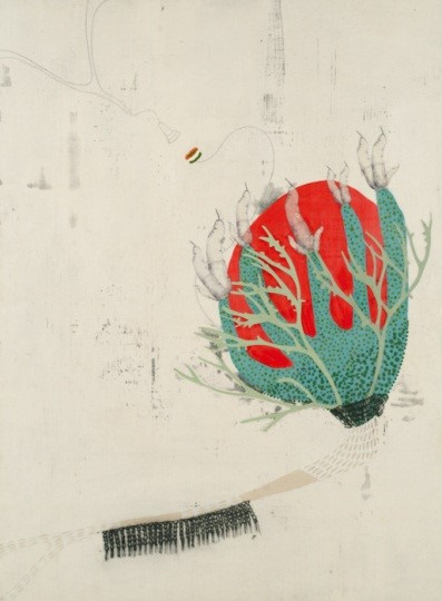 A painting of a futuristic plant or fruit that looks like it's evolving and coming out thru its original skin over time. At the center is a hot red seed and outside it is a torn green stem ripping open as the red seed comes out of it.