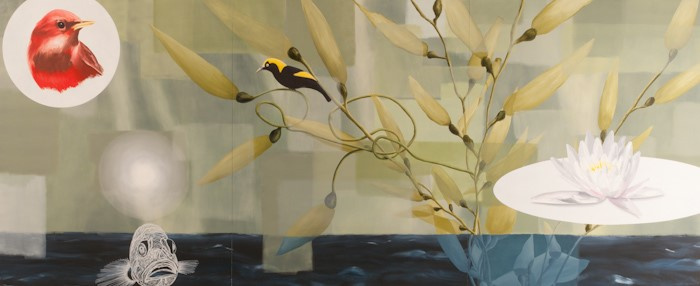 This artwork has all the pieces of a lake scene: fish, birds, flowers, and water; however, like a collage each part is disconnected from each other as none of the colors, styles, or locations match.
