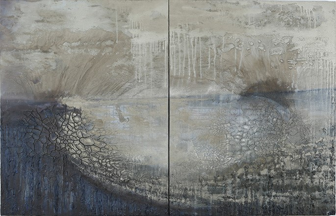 An abstract dripping painting of the ocean with opposing waves crashing towards the middle. The paint appears to be old and crackled and broken but also resembles the scaly body of a snake. There also appears to be mud-like stains on it. The sky is grey.