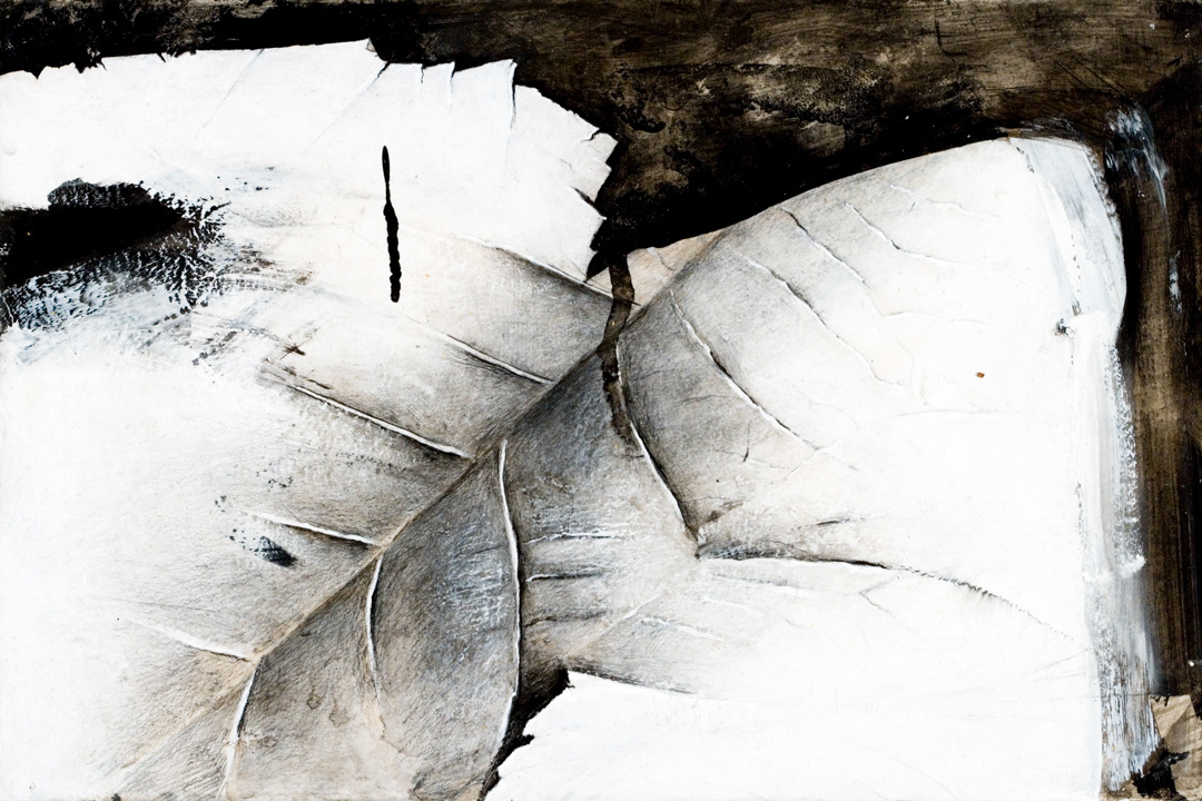 A horizontal black and white painting is organized around a strong diagonal from a primarily white lower left corner to a sharply contrasting dark upper right corner. Dark lines emanating from the center recall the veins of a tree leaf, although the scale could  suggest a landscape.