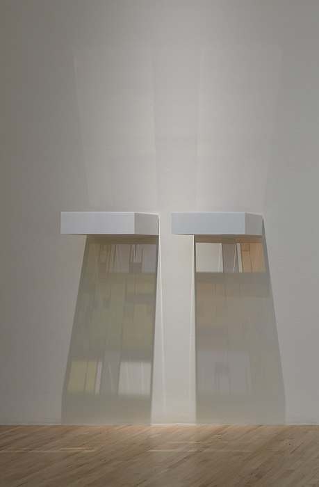 Two rectangular shapes resembling bookshelves jut out of a white wall. There is light cast down from above the rectangles creating a shadow underneath.