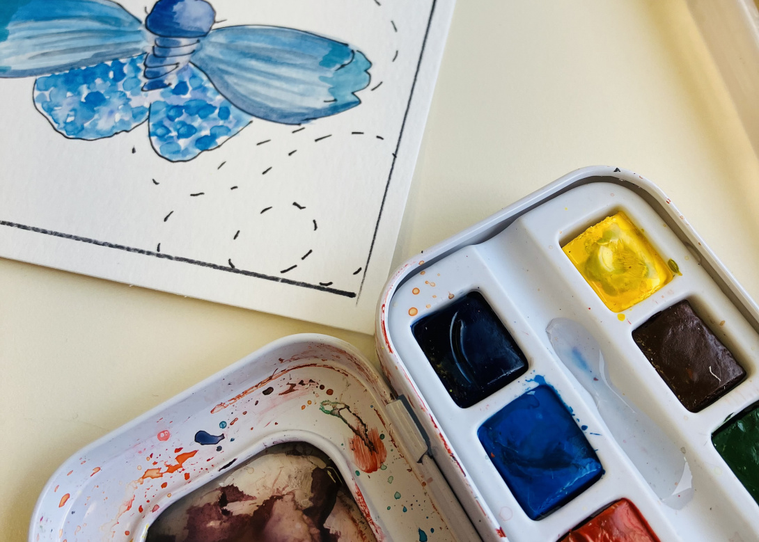 Water color pallet with an illustration of a butterfly.