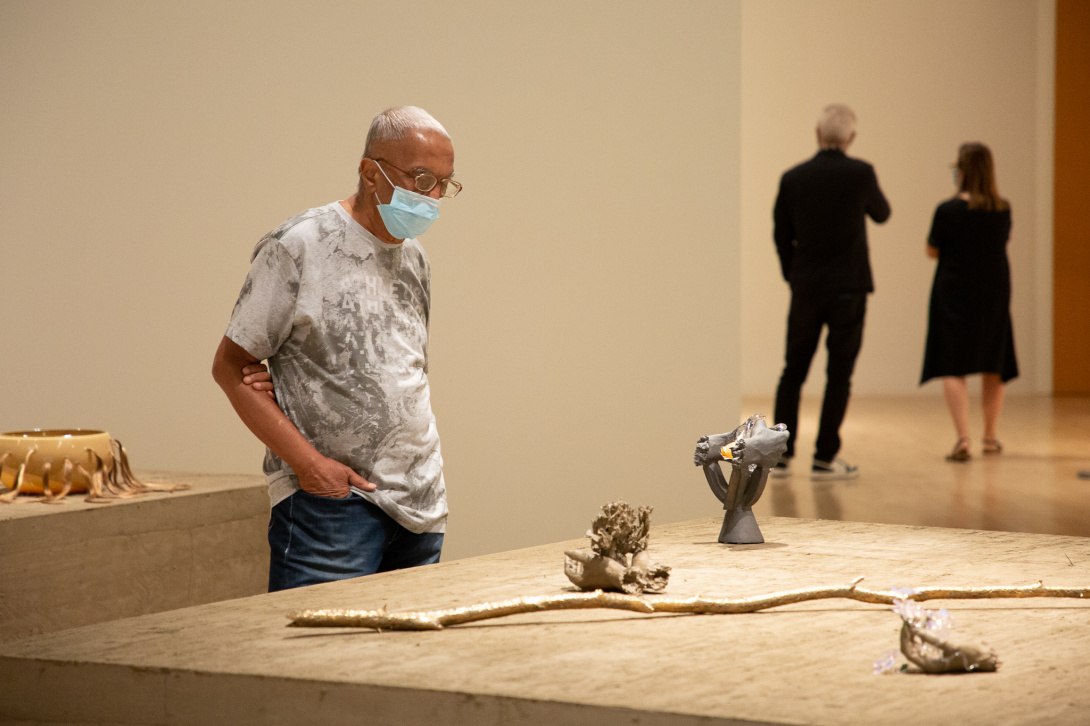 Man looking at sculptures on a riser made with earth.