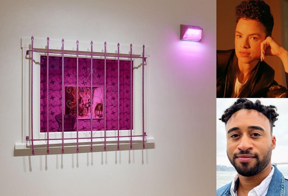 A pink-tinted window with glittery guard and two headshots of a Black female artist and Black male scholar.