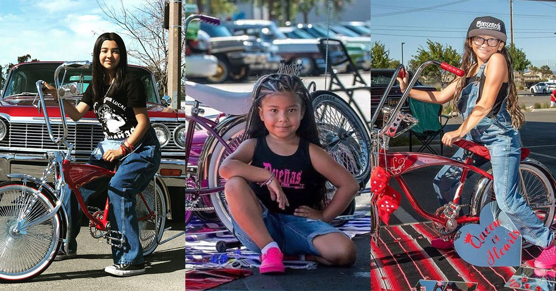 three girls with custom lowrider bikes