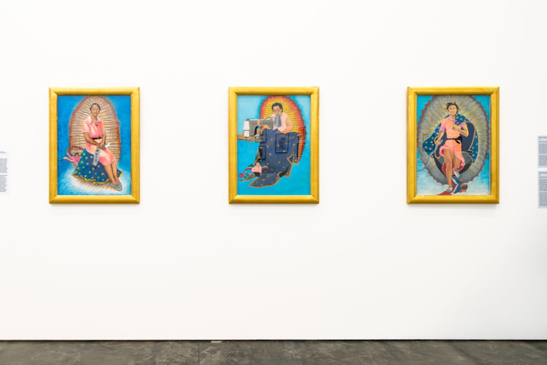 gallery view of three large portraits of maternal figures with halos