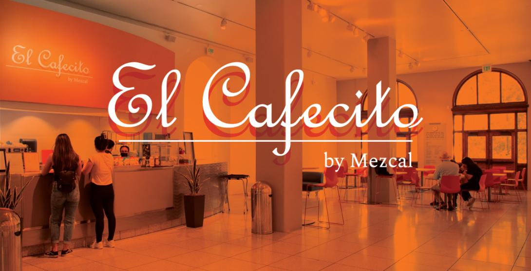 A bright, open space with a café counter labeled 'El Cafecito' and people ordering and sitting at tables.
