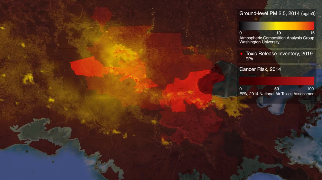 A dark heat map with a black background and burgundy, yellow, browns, and reds to indicate data from a 2014 survey. In white letters, the map reads "Toxic Release Inventory, 2019," "Cancer Risk, 2014" with a red barometer of level, along with other information.