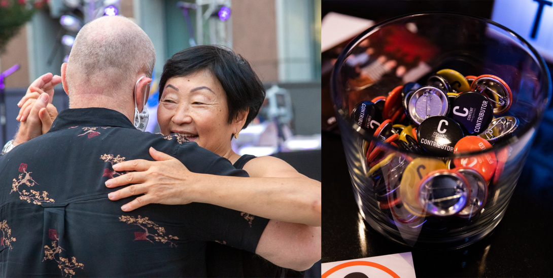 an older couple dancing with a decorative jar of pins