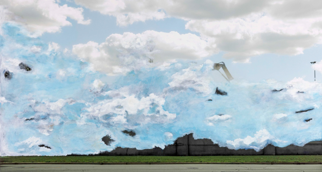 A blue sky with clouds initially looks peaceful, but small ominous details appear. At the bottom of the painting, a street, grass, and prison emerge from behind the clouds. 