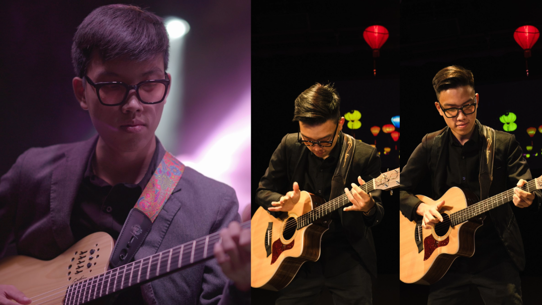 a collage of a multiple action shots of a vietnamese guitarist dramatically playing the guitar 