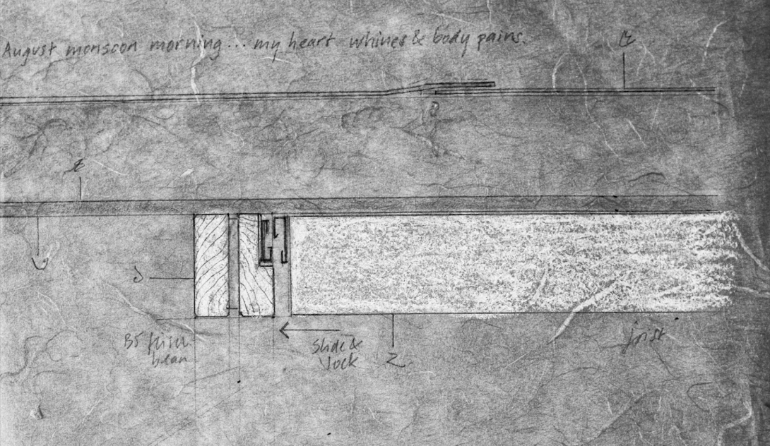 a graphite stone rubbing with an architectural sketch and poem