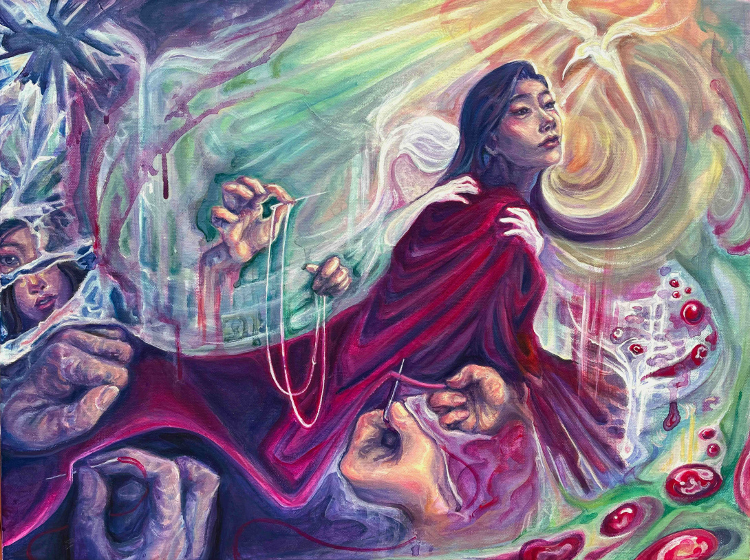 Drawing of a woman with a red cloak on a swirling pastel background. Many disembodied hands stitch into the cloak.
