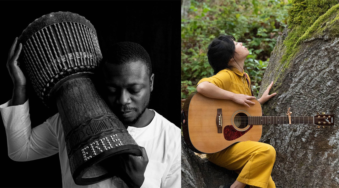 musicians of a black man carrying a drum and an east asian woman on a tree holding an acoustic guitar
