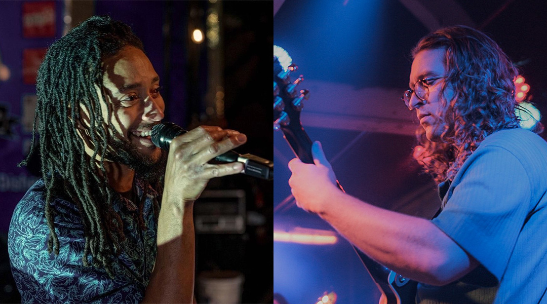 headshots of two musicians of one black man with long dreads singing to a mic and a white man with long hair and glasses playing a guitar