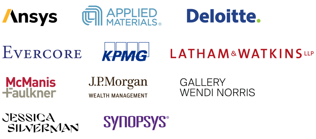 Ansys, Applied Materials, Deloitte, Evercore, KPMG, Latham & Watkins LLP, McManis Faulkner, J.P. Morgan Wealth Management, Gallery Wendi Norris, Jessica Silverman, Synopsys logos