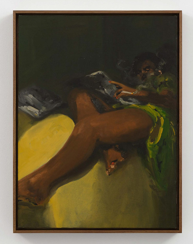 a dark painting of a woman in repose smoking a cigarette