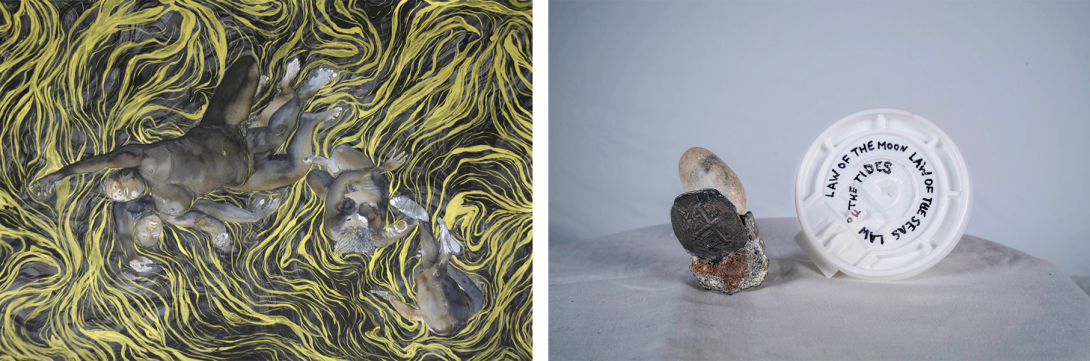 left: four black nude figures floating in the air filled with yellow waves; right: one a cement piece with a coin and round rock attached and a plastic lid container with handwritten words