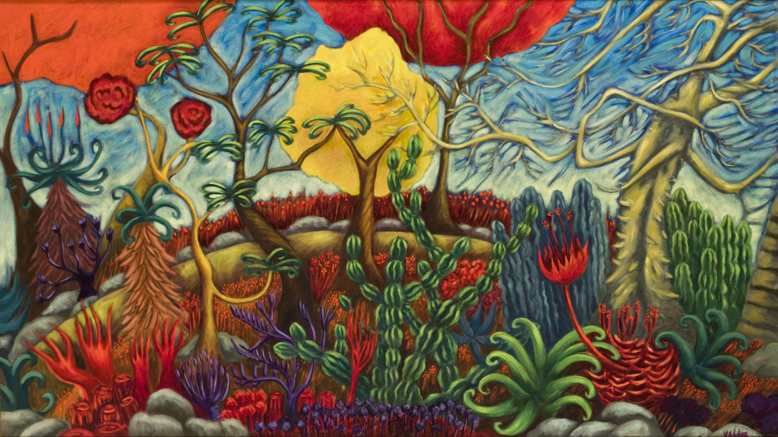 A painting of a garden with trees, flowers, succulents, cacti, and imaginary plants that reach to the blue sky. The plant shapes and colors are delightfully and playfully unnatural.