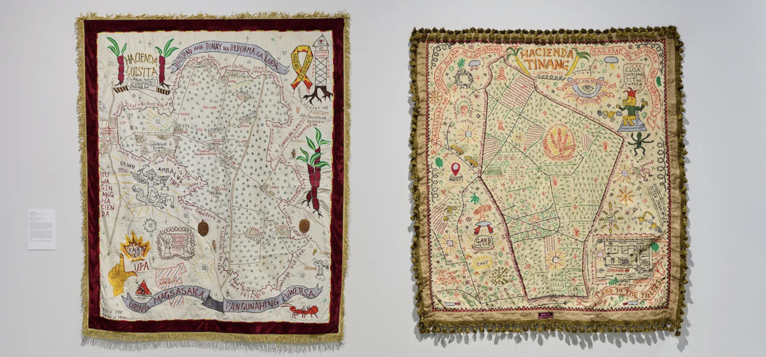 two tapestries depicting an embroidered map with various icons and text in Tagalog