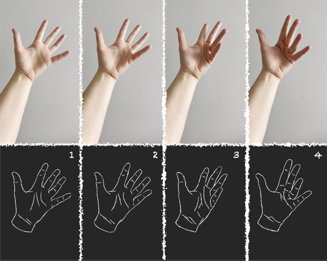 frames of hands moving on top with traced animation frames below