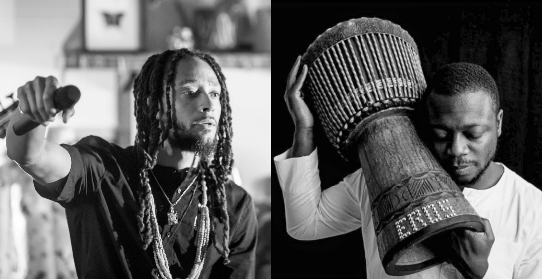 two headshots of black men with on the left with long dreads and the right holding an african drum