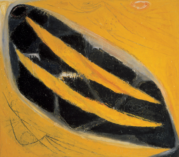 Abstract painting February 1963 by Frank Lobdell, featuring a bold composition with a large, dark, irregular shape dominating the canvas. Three diagonal golden-yellow streaks cut across the black form, contrasting against the textured ochre background. Subtle line work and gestural marks add depth and movement to the piece.