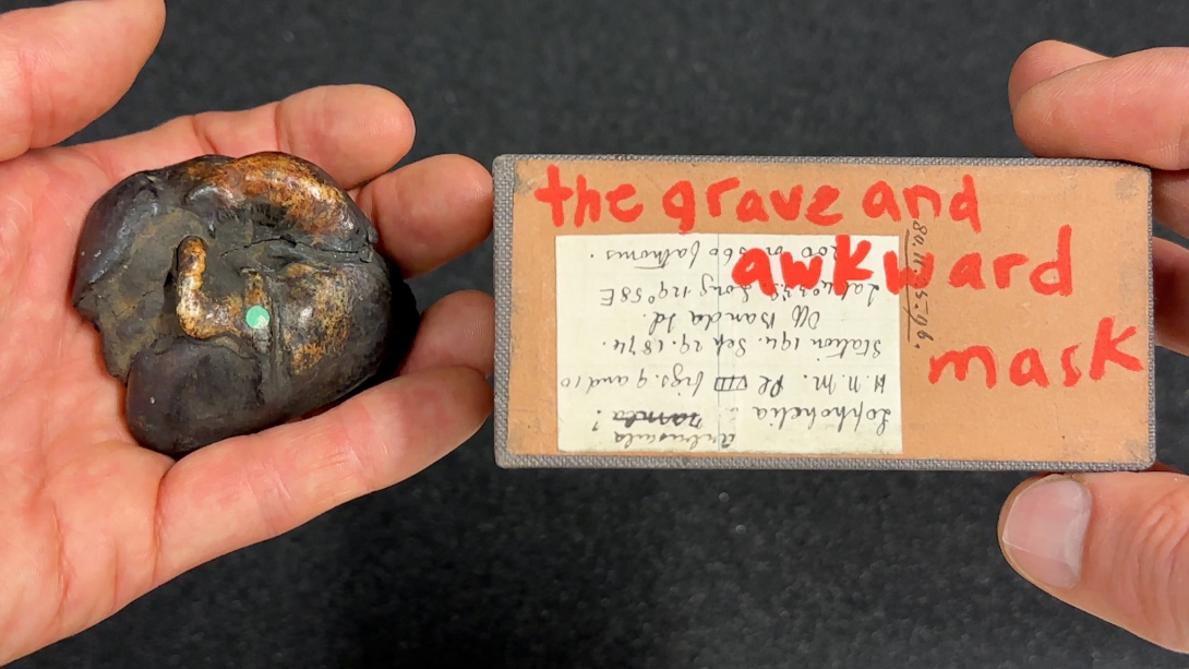 A left hand holds an object that looks like a muddy rock with gold and bronze swirls. The right hand holds a box that reads "the grave and awkward mask"