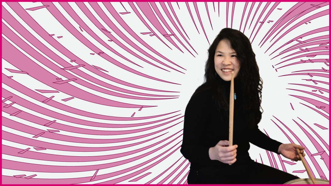asian woman holding up drumsticks with graphic lines swirling around her