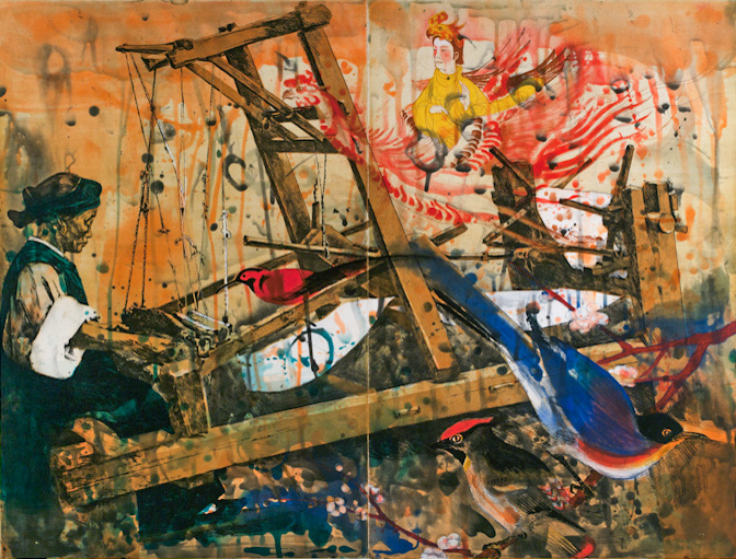 A woman works at a loom, a red bird perched on it, two other birds sit on a blossom branch while a figure dressed in robes rides a phoenix in the background 