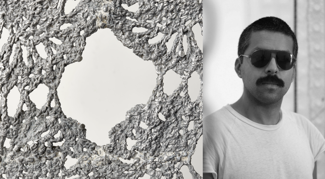 metal crochet pattern and a headshot of a latinx man wearing aviator sunglasses