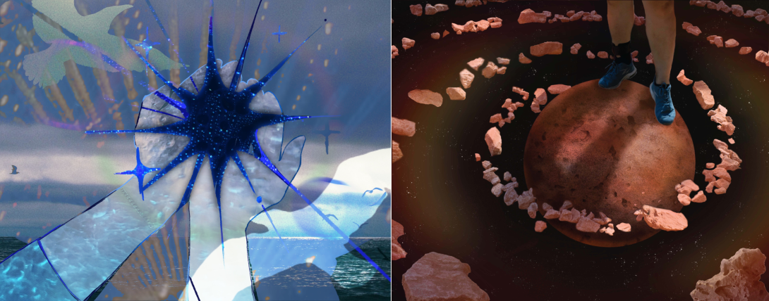 Two digital artworks with a pair of hands holding a dark star on the left and a person standing on a planetary object on right right