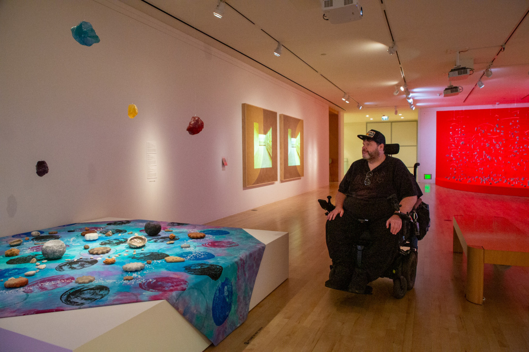 Man in a wheelchair looking at art