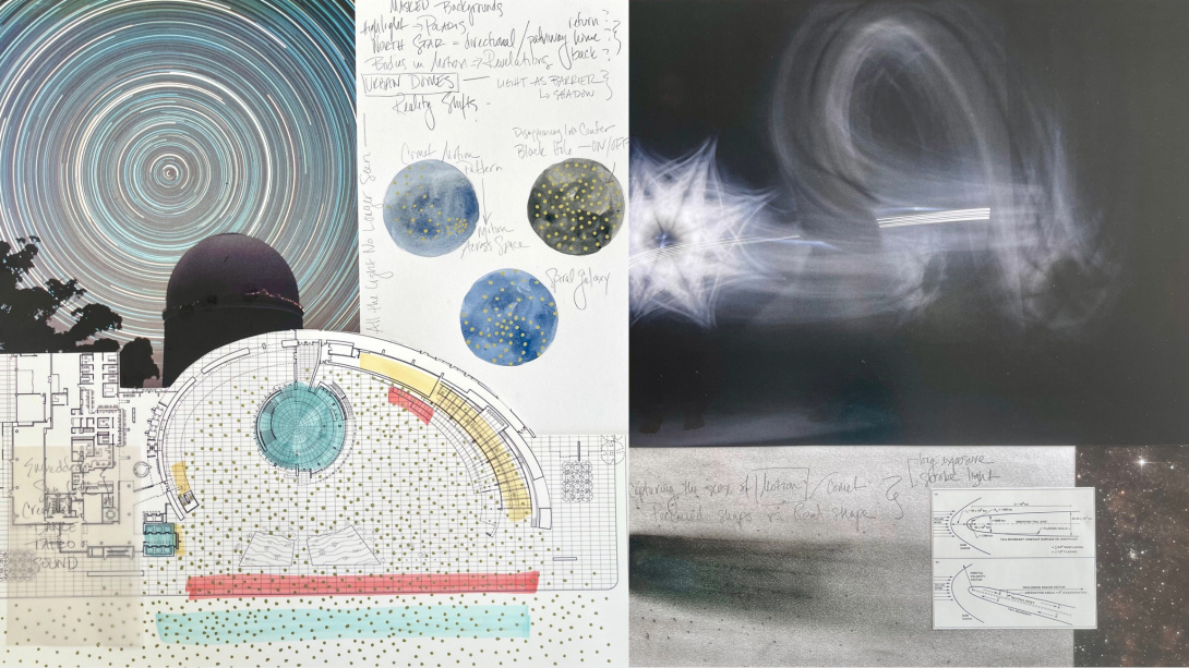 Draft renderings with reference photographs of stars and a observatory