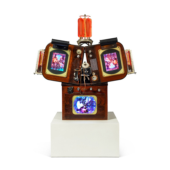 sculpture with vintage television sets