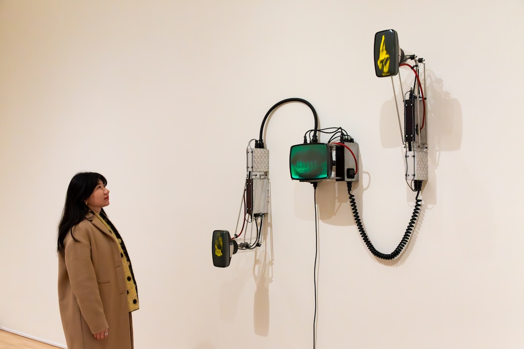 visitor looking intently at an artwork