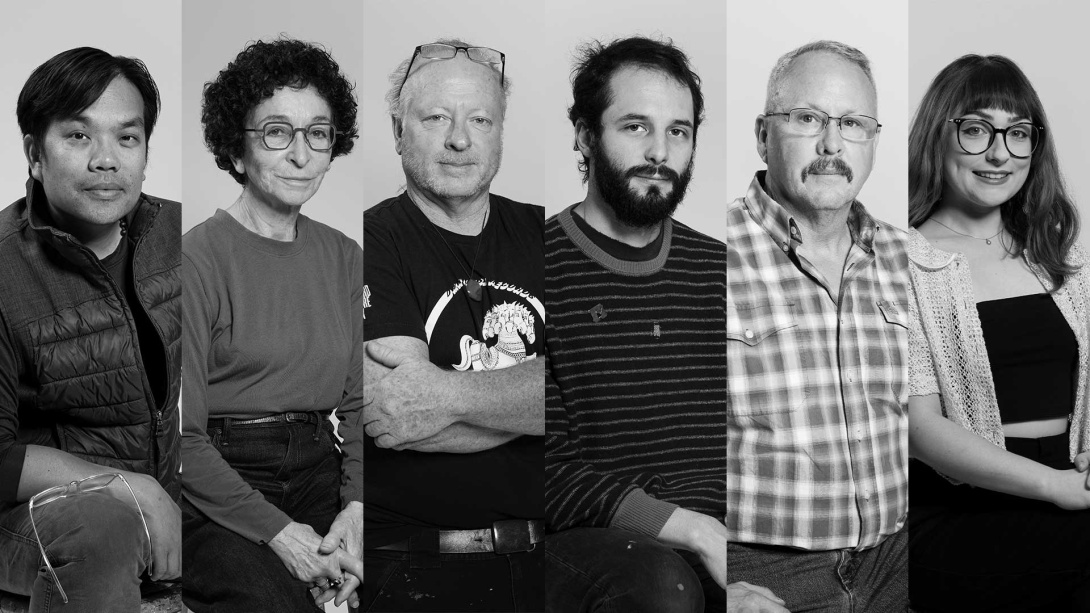 six photographic portraits of a Vietnamese man, an older woman with curly hair, an older white man, a bearded man, an older white man with a mustache, and a woman with glasses. 