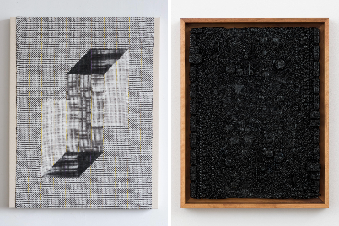 two images of a woven panel with geometric pattern and shapes with a framed motherboard drenched in glossy black paint
