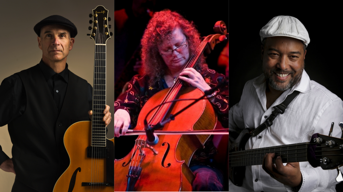 man posing with guitar, woman playing cello, and man posing with a bass
