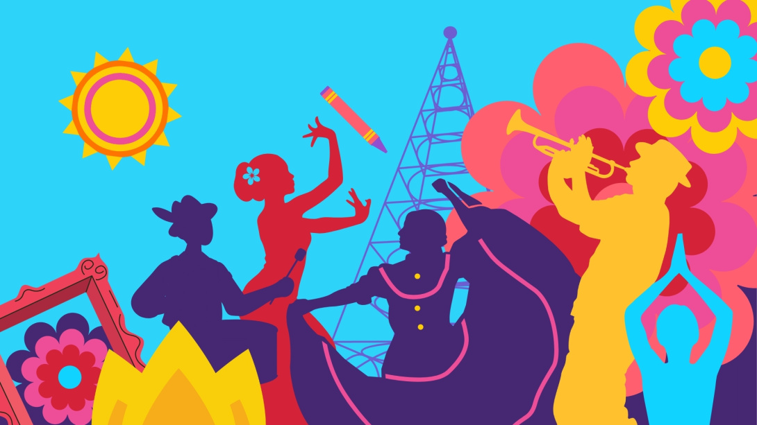 people dancing, playing music with floral motifs and a light tower in the background