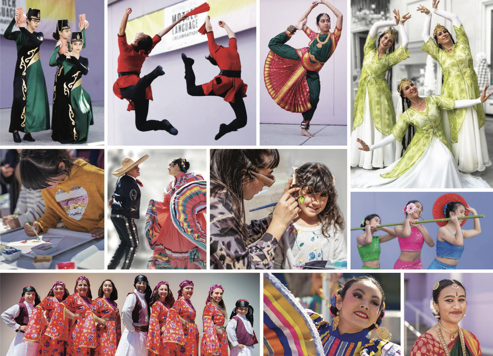 grid of cultural performances with dancers wearing bright and colorful traditional costumes