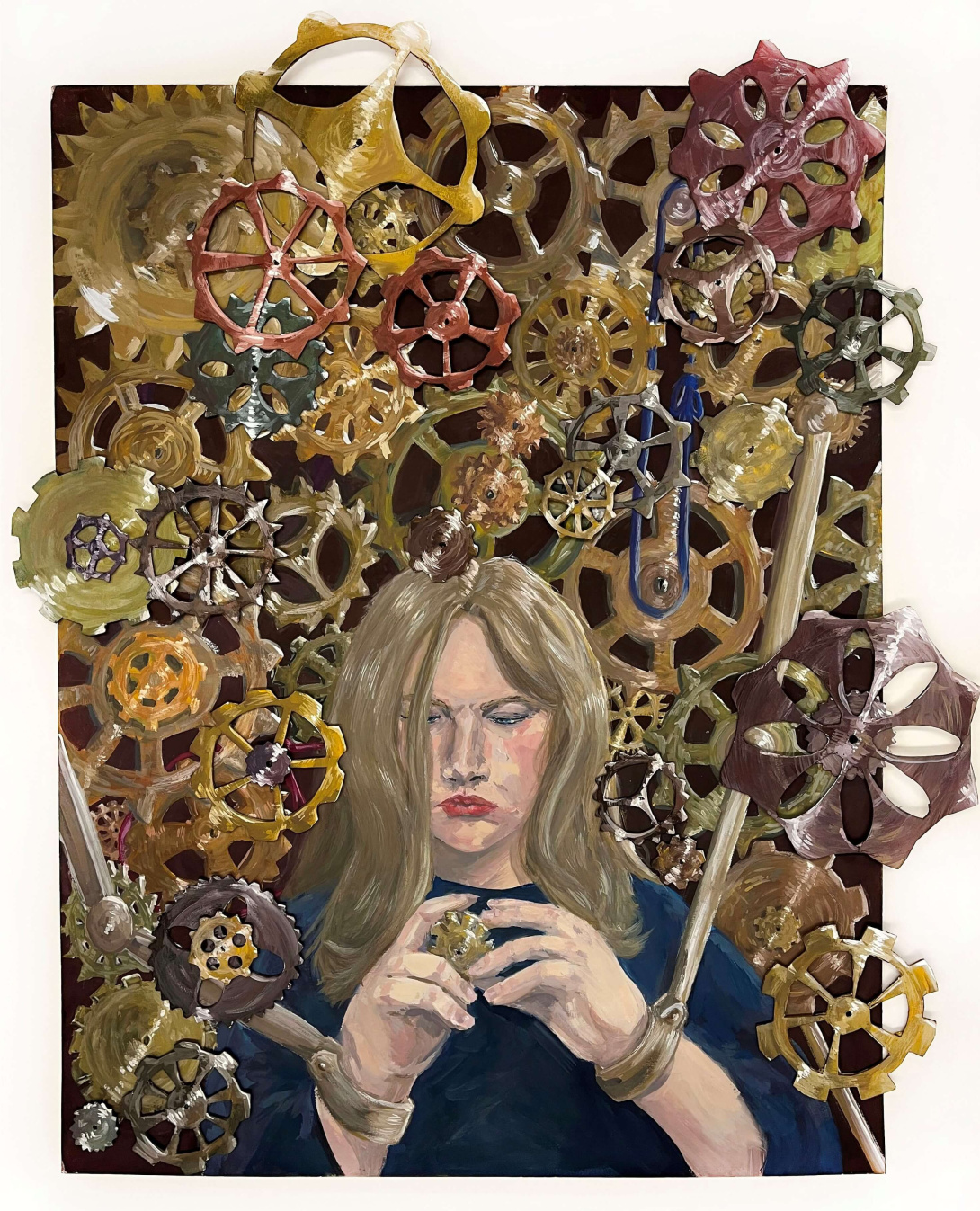 Portrait of long-haired figure holding a small gear, surrounded by a crowded backdrop of gears and mechanical parts