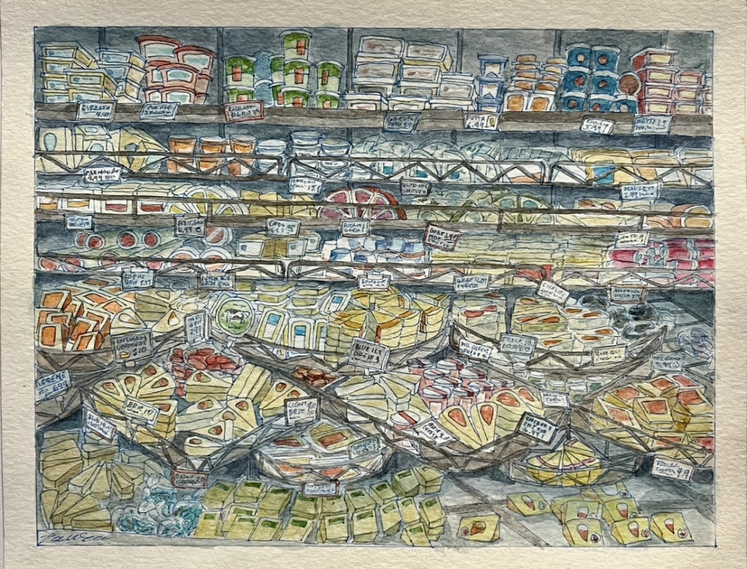 Watercolor painting of a fridge filled with various types of cheese
