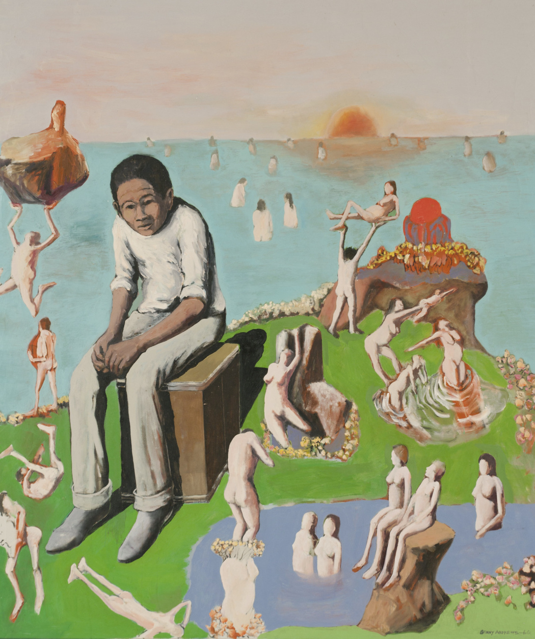Black man sitting in solitude with his hands clasped together as nude white figures dance around him and swim in an expansive ocean at dawn