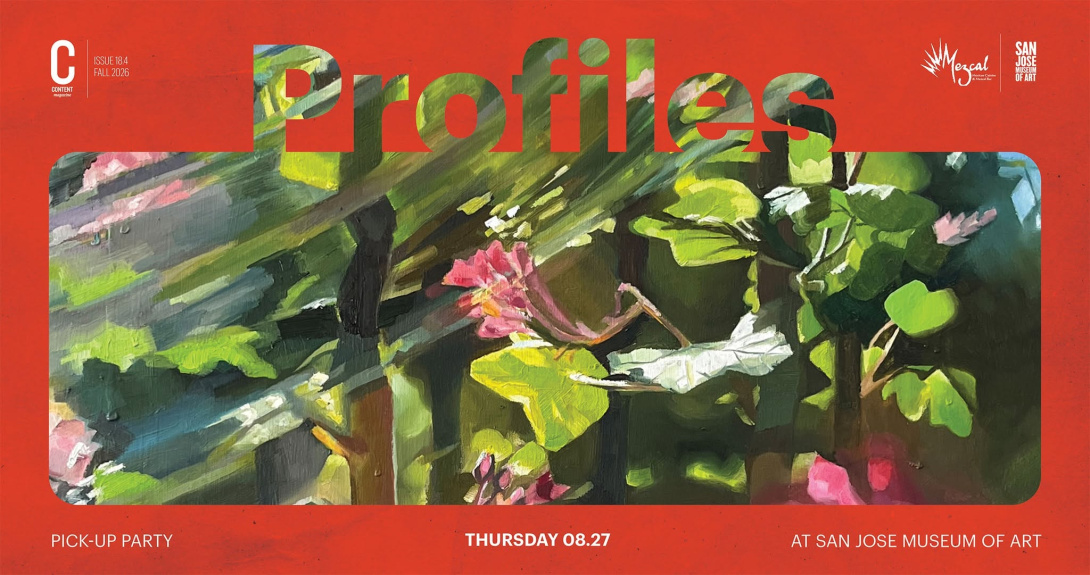 color painting of floral motifs with a a red overlay that reveals a cutout in letters that reads Profiles