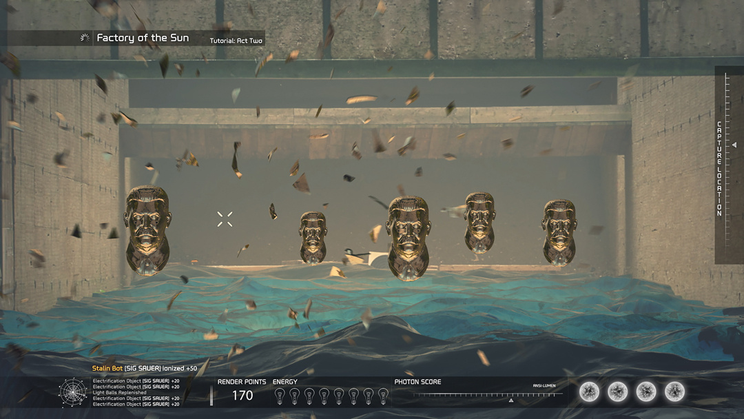 Waves of clear water violently splash beneath 5 gold busts resembling Joseph Stalin. They are pixelated, as if from a video game. Small white text on the bottom and sides convey fictional game statistics. Pieces of gold shrapnel fly throughout the warehouse.