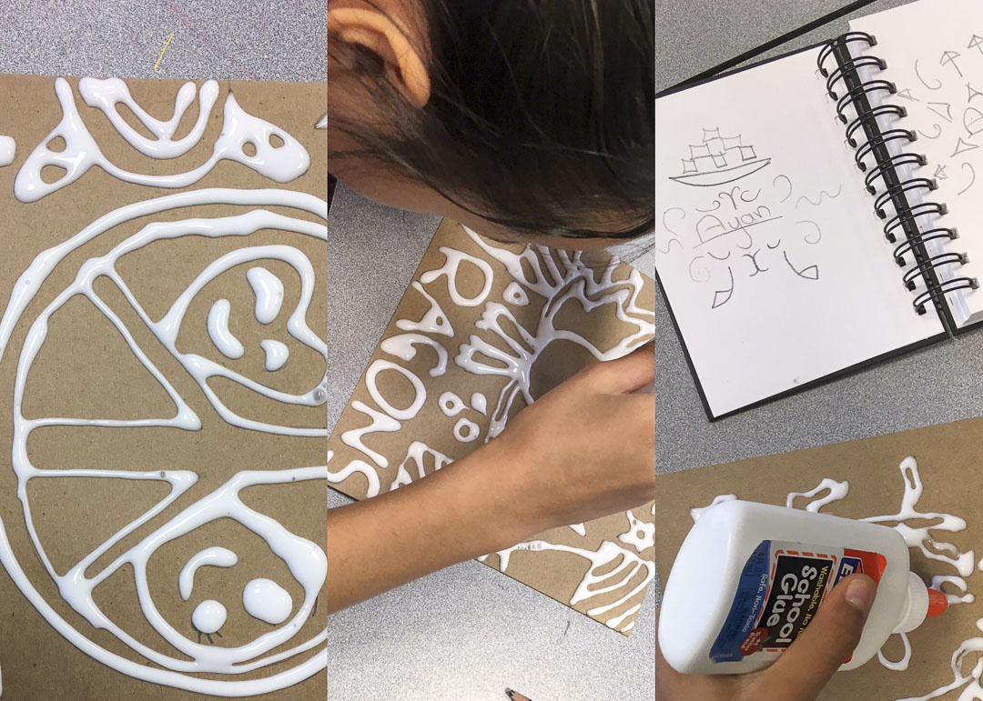 A triptych of an art-making process. On the right is a notebook with drawings and a hand squeezing glue onto cardboard. In the is a child drawing a dragon with glue. On the left is cardboard with glue designs such as a "Peace" symbol and happy faces.  