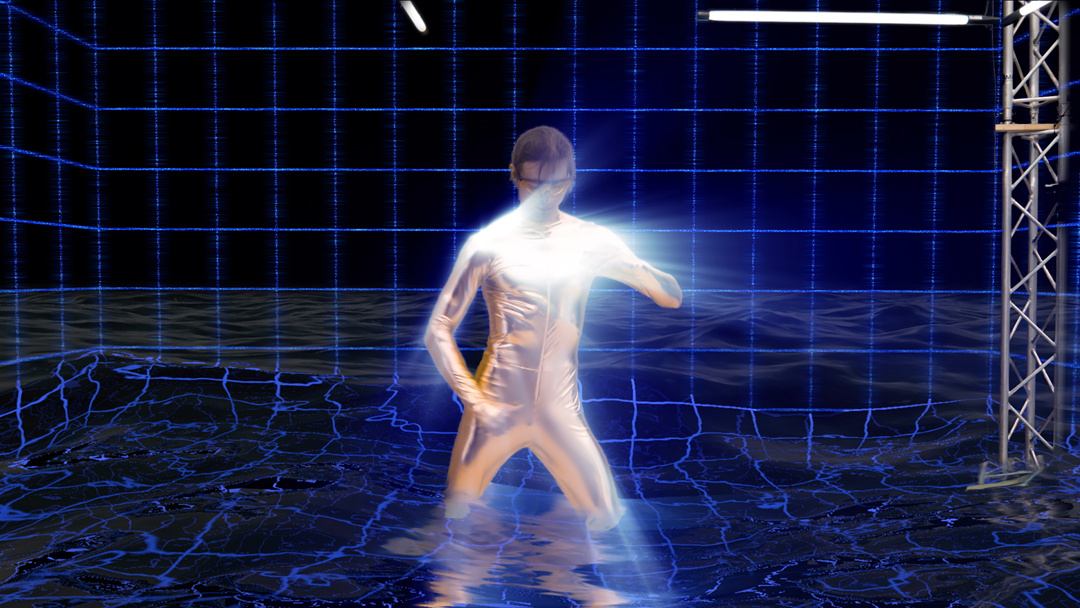 A person in a shiny gold bodysuit, which reflects rays of light, obscuring his face, dances in the center of a dark room. The walls are decorated with a repetitive neon blue square light grid. The bottom half is distorted, as though he is submerged in water.